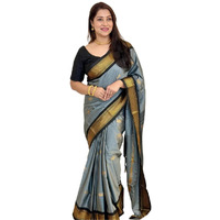 SGF11 Womens Kanjivaram Soft Lichi Silk Saree With Blouse Piece (Grey Black)