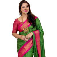 SGF11 Womens Kanjivaram Soft Lichi Silk Saree With Blouse Piece (Green Pink)