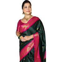 SGF11 Womens Kanjivaram Soft Lichi Silk Saree With Blouse Piece (Dark Green Pink)