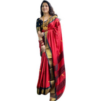 SGF11 Womens Kanjivaram Soft Lichi Silk Saree With Blouse Piece (Red Black)