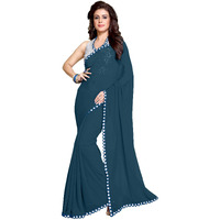 SOURBH Womens Georgette Mirror Lace Work Saree with Blouse Piece (12831-Blue)