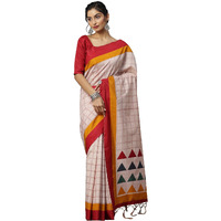 AKHILAM Womens Bhagalpuri Silk Checkered Printed Tant Saree with Unstitched Blouse Piece (Cream_18WOM18901)