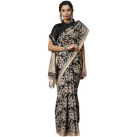 AKHILAM Womens Bhagalpuri Silk Peacock Printed Bagru Saree with Unstitched Blouse Piece (Black_18WOM18912)