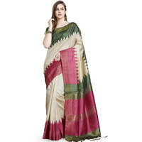 RANI SAAHIBA Womens Printed Art Tussar Silk Zari Border Saree With Blouse Piece (SKR11614_Beige - Magenta)