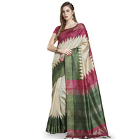 RANI SAAHIBA Womens Printed Art Tussar Silk Zari Border Saree With Blouse Piece (SKR11611_Beige - Green)