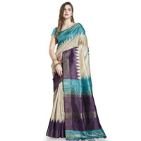 RANI SAAHIBA Womens Printed Art Tussar Silk Zari Border Saree With Blouse Piece (SKR11612_Beige- Purple)