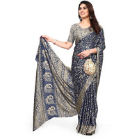 MIRCHI FASHION Womens Plain Weave Chiffon Madhubani Printed Saree with Blouse Piece (38443-Navy Blue, Beige)