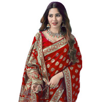 SAMAH Womens Art Silk Banarasi Jacquard Saree with Unstitched Blouse Piece (3409S105N_Red & Gold1)