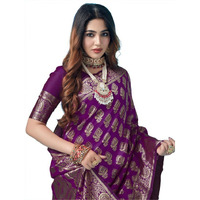 SAMAH Womens Art Silk Banarasi Jacquard Saree with Unstitched Blouse Piece (3409S108N_Dark Purple & Gold3)