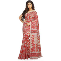 BENGAL HANDLOOM Cotton Exclusive Womens Dhakai Allover Soft Pakhi Jamdani Saree Without Blouse Piece(Color- White Red)