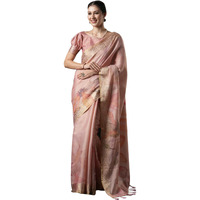 AKHILAM Womens Kanjeevaram Silk Floral Printed Saree With Unstitched Blouse Piece(Pink_BAHULA102_SU)