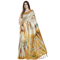 RANI SAAHIBA Womens Printed Art Tussar Silk Madhubani Saree With Blouse Piece (SKR11607_Beige-Yellow)