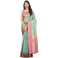 SWORNOF Womens Latest Woven Banarasi Soft Silk Patola Saree With Blouse (Firozy), Multicolor