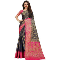 iZibra kanjivaram silk saree wedding cotton sarees for women Banarasi sadi original Kanchipuram pure sadi pattu sari with blouse piece 2023(Kismat-2 NavyBlue Pink)