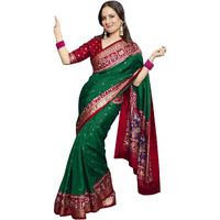 AKHILAM Womens Banarasi silk Animal Print Saree With Unstitched Blouse Piece(Green_TRITH10010.)