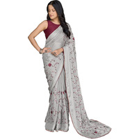 MANOHARI Grey Poly Georgette Sequence And Embroidery Saree With Blouse Piece_Mn1921 - Women