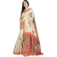 RANI SAAHIBA Womens Printed Art Tussar Silk Bhagalpuri Saree With Blouse Piece (SKR6709_Beige-Orange)