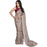 MANOHARI Beige Poly Georgette Sequence And Embroidery Saree With Blouse Piece - Women