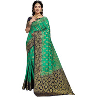 iZibra Silk Saree for Women Kanjivaram Soft Pattu Sari Banarasi Cotton Sari Kanchipuram Pure Floral Design with Blouse Wedding Sadi New Ladies 2023(Kalashh)(Green NavyBlue)