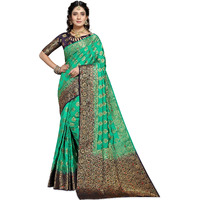 iZibra Womens Kanchipuram Pattu Sarees Pure Kanjivaram Saree Soft Banarasi Silk Saree For Wedding With Blouse Piece (flower-tree paithani) (Green Navy Blue)