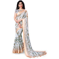 SOURBH Womens Cotton Blend Tropical Flowers Printed Woven Saree with Blouse Piece (21011, Grey, Beige)