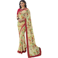 Shruhad Georgette Flower Printed Saree For Women With Lace Border & Blouse Piece (Saree Length 6.3 Mtr) (Beige)