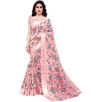 SOURBH Womens Plain Weave Cotton Blend Tropical Floral Printed Saree with Blouse Piece (35784-Baby Pink)