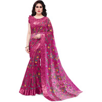 SOURBH Womens Plain Weave Cotton Blend Tropical Floral Printed Saree with Blouse Piece (35782-Magenta Pink)