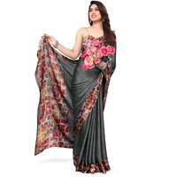 SOURBH Womens Plain Weave Chiffon Texture Border Printed Saree with Blouse Piece (29861-Grey, Red)