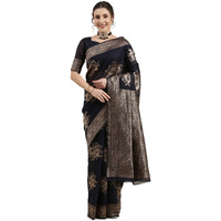 AKHILAM Womens Linen Woven Design Saree With Unstitched Blouse Piece (Navy blue_LNJCQ09E)