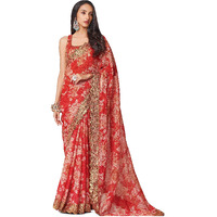 Zeel Clothing Womens Floral Organza Heavy Sequins Saree with Blouse (1107-Red-Floral-Party-Wedding-Saree, Free Size) (Red)