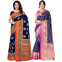 SIRIL WomenS Poly Silk Saree Combo Pack Of 2 With Unstitched Blouse Piece (815S199_2431S856_Navy Blue || Navy Blue)