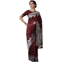 AKHILAM Womens Maroon with Silver Zari Combination Pure Soft Silk Saree with Rich Pallu VRAJDN1001