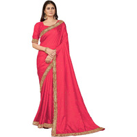 SUTRAM Womens Vichitra Silk Pink Saree with Unstitch Blouse Piece