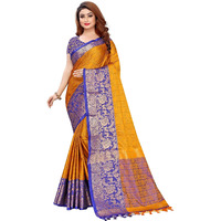 PristiveFashionHub Womens Cotton Silk Saree With Blouse Piece (Cottonsilk_Jacquard Silk_Blue_Yellowblue)