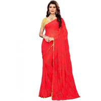 AKHILAM Womens Floral Chiffon Embellished Zari Border Saree With Unstitched Blouse Piece Red_DOLY2604