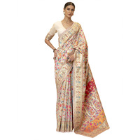 AKHILAM Womens Silk Blend Woven Design Celebrity Saree With Blouse Piece (Cream_KSHFA201001A)