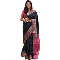 SGF11 Womens Kanjivaram Pure Soft Silk Handloom Saree For Women Pure Golden Zari With Blouse Piece (Black)