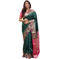 SGF11 Womens Kanjivaram Pure Soft Silk Handloom Saree For Women Pure Golden Zari With Blouse Piece (Dark Green)