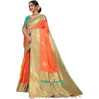 SGF11 Womens Kanjivaram Pure Soft Silk Handloom Saree Pure Golden Zari With Blouse Piece (Orange)