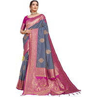 SGF11 Womens Kanjivaram Pure Soft Silk Handloom Saree Pure Golden Zari With Blouse Piece (Grey)