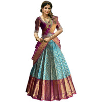 ZECVA Womens Traditional Kanjivaram Kanchipuram Silk Zari Weaving Un-stitched Lehenga Choli Half Saree (Rama Wine)