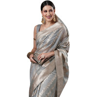 AKHILAM Womens Grey Woven Zari Work Organza Saree With Unstitched Blouse Piece (ORGCL06D)