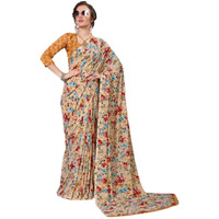 Mermaid Ocean Womens Georgette Floral Saree with Blouse Piece (ME0249, Beige Brown)