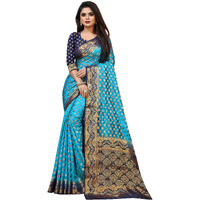 iZibra kanjivaram silk saree wedding cotton sarees for women Banarasi sadi original Kanchipuram pure sadi pattu sari with blouse piece 2023(Sky Blue Navy Blue)