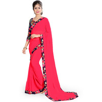 Oomph! Womens Printed Chiffon Sarees - Strawberry Pink