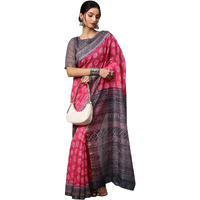 AKHILAM Womens Linen Floral Print Khes Saree with Unstitched Blouse Piece (Pink_BATIQ206)