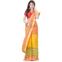 dB DESH BIDESH Women`s Traditional Bengal Tant 3D Temple Design Handloom Pure Cotton Saree Without Blouse Piece (Yellow) (Yellow)