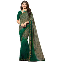 Shruhad  Womens Georgette Printed Saree with Jacquard Lace Border & Blouse Piece in Green color (Saree Length 6.3 Mtr) (dark green)