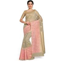 MIMOSA Cotton Blend Women Beige Color Cotton Banarasi Silk Saree With Unstitched Blouse